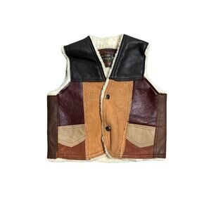 Vintage Boys Genuine Leather Patchwork Sherpa Vest Size 4/5 Mexican Hand Made
